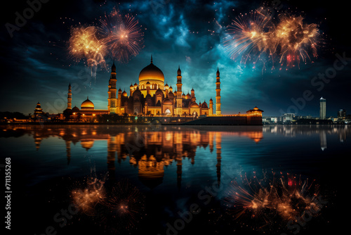 An ornate mosque with multiple minarets illuminated against a night sky, reflected in water, with celebratory fireworks bursting above, Eid Al-Fitr