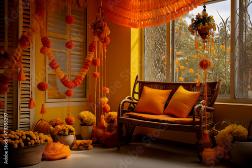 Cozy home interior decorated with vibrant marigold flowers, symbolizing the festive spirit of the Indian holiday Gudi Padwa Toran
