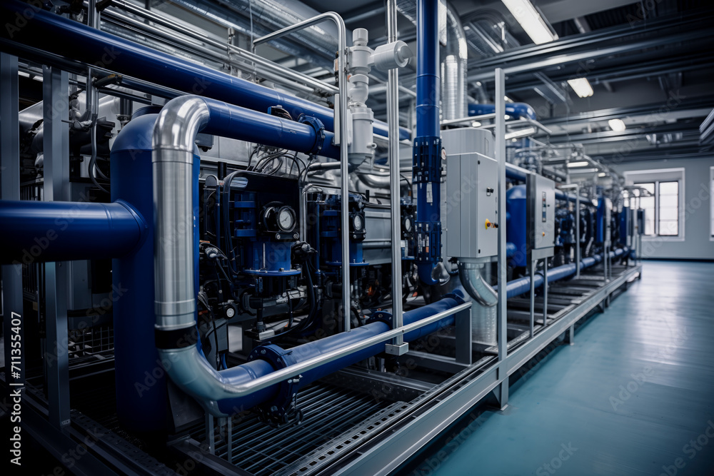 Modern industrial water treatment system with pipes, pumps, and filtration units in a large facility