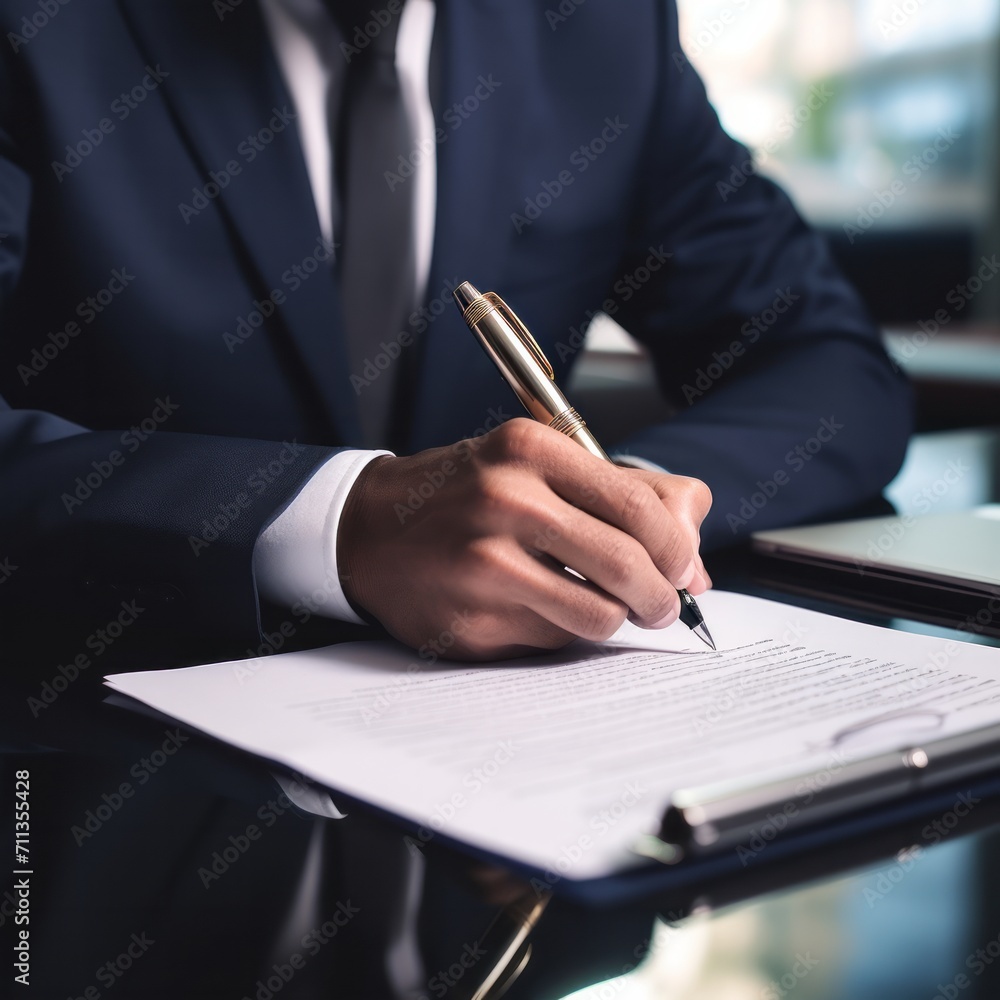 Close up view of male hand signing commercial financial contract concept, businessman put written signature on legal paper filling document form buy insurance, bank services, authorized registration Close up view of male hand signing commercial financial contract concept, businessman put written signature on legal paper filling document form buy insurance, bank services, authorized registration