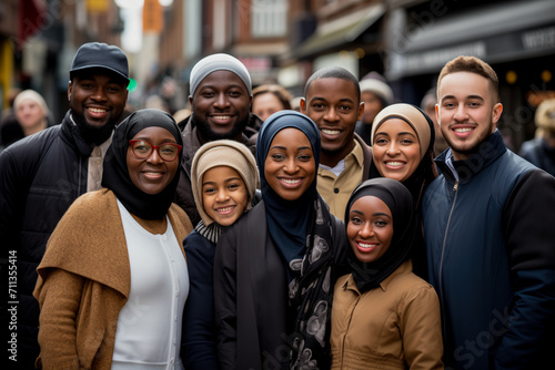 A diverse group of smiling Muslim people wearing casual clothing with several women in hijabs, embodying a concept of multicultural unity or friendship photo