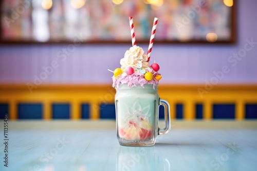 cotton candy milkshake with colorful candy floss on top