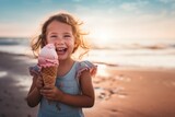 Child girl smiling with ice cream beach vacation