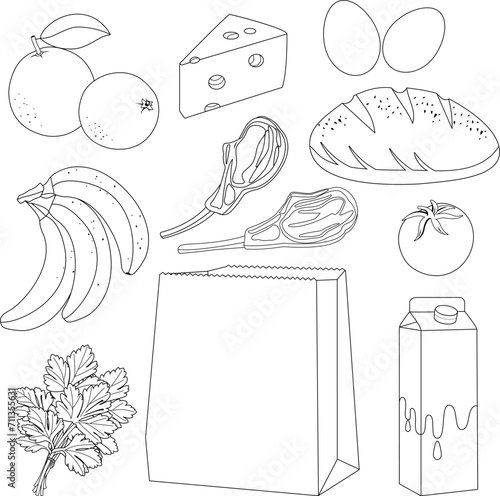 Paper shopping bag and food groceries. Milk, bread, fruits, vegetables and cheese. Supermarket shopping for food products. Vector black and white coloring page.