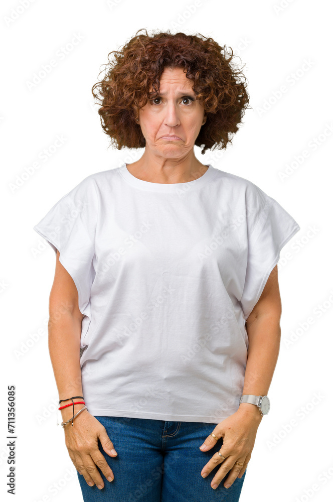 Beautiful middle ager senior woman wearing white t-shirt over isolated background depressed and worry for distress, crying angry and afraid. Sad expression. Beautiful middle ager senior woman wearing white t-shirt over isolated background depressed and worry for distress, crying angry and afraid. Sad expression.