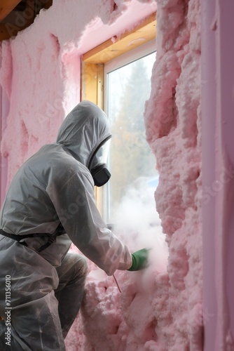 Man spaying foam insulating house walls Generative Ai