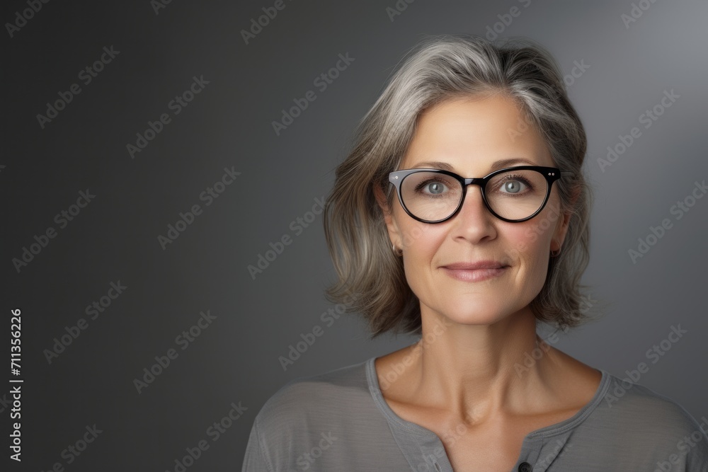 Close up middle aged woman wearing eyeglasses smiling isolated over gray background Close up middle aged woman wearing eyeglasses smiling isolated over gray background