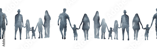 Watercolor border with silhouettes of people. Brush strokes in the form of blue silhouettes of people,Silhouette of family on white background.