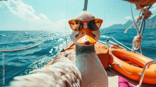 A duck wearing sunglasses and a life jacket is taking a selfie on a boat in the ocean, Ai Generated photo