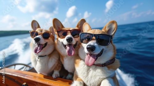 Three corgi dogs is wearing sunglasses and taking a selfie on a boat in the ocean, Ai Generated