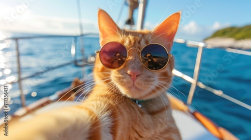 A tabby cat is sitting on a boat in the ocean, wearing sunglasses, Ai Generated