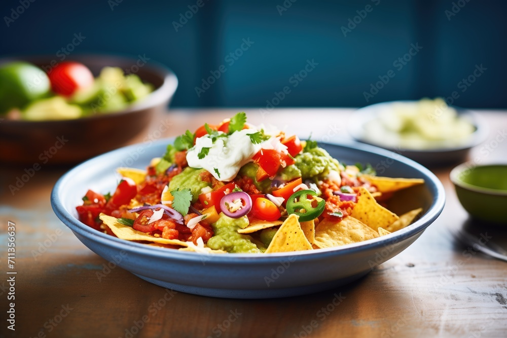 healthy nachos with guacamole and diced tomatoes on top