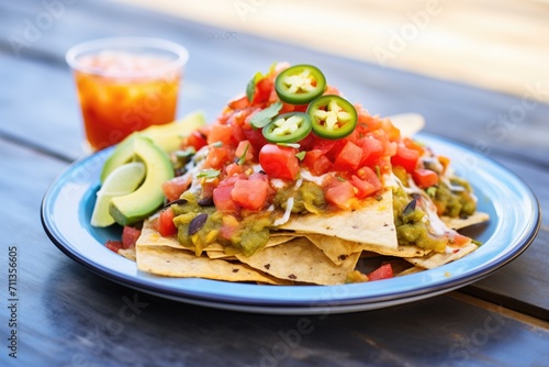 baked nachos with layers of guacamole and refried beans