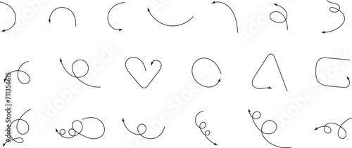 Vector hand drawn curved arrows. Zigzag arrow stripes. Doodle, sketch style. Isolated Vector illustration.