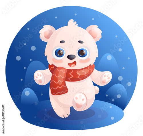 Cute happy polar bear in scarf. Vector illustration in cartoon style. Little animal character. Kids collection. Holiday Polar Bear Day.
