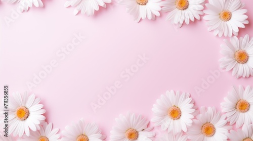 Minimalist design approach. Delicate white daisy chamomile blossoms on a soft pink backdrop. Ideal for creative summer and spring concepts, Ai Generated. © Crazy Juke