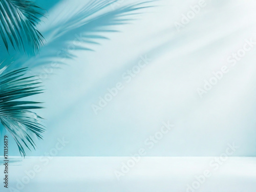 Palm leaves on a light bluegreen background toned template for text panorama with copy space 