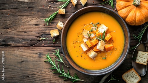 Pumpkin and carrot cream soup served on a rustic wooden table. Fall-inspired pumpkin cream soup garnished with rosemary and croutons, Ai Generated. photo