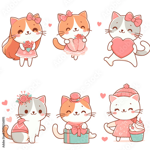 Hand drawn character collection with funny cute cats for Valentine's Day and Love. Vector design concept. Outline illustration cartoon style
