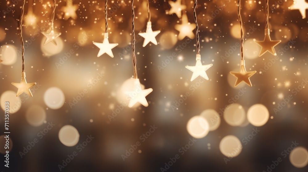 Star-shaped Christmas lights hanging from fir branches, with a backdrop of softly blurred, abstract bokeh, Ai Generated. Star-shaped Christmas lights hanging from fir branches, with a backdrop of softly blurred, abstract bokeh, Ai Generated.