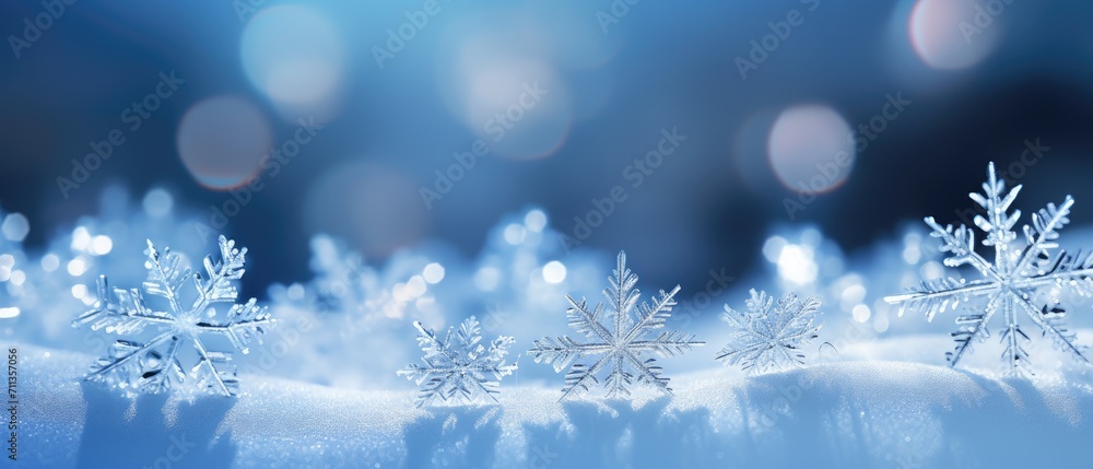 Crystal snowflakes on snow, forming a Christmas and winter background, set against a natural snowdrift close-up with an abstract blue lighting blurred background, Ai Generated. Crystal snowflakes on snow, forming a Christmas and winter background, set against a natural snowdrift close-up with an abstract blue lighting blurred background, Ai Generated.