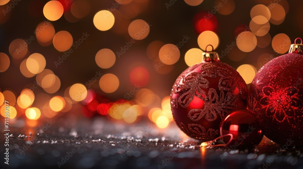 Obraz premium Glowing red Christmas ornaments set on an abstract, softly blurred background, Ai Generated.