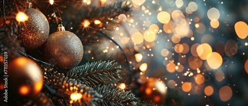 Fir branches adorned with Christmas balls and golden lights  set against a softly blurred  abstract background  Ai Generated.