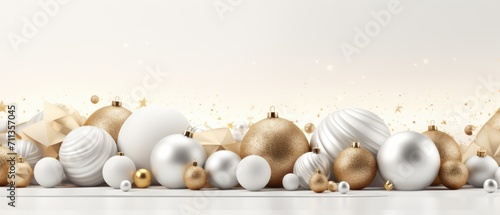 3D rendered illustration featuring white and gold Christmas ornaments and decorations for a holiday background, Ai Generated.