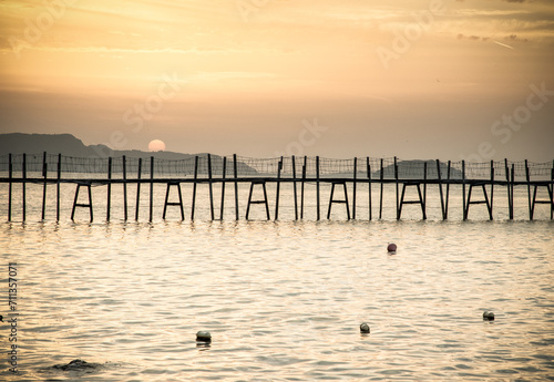 wooden footbridge on the sea at sunset