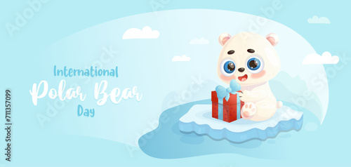 Cute polar bear with gift on ice floe. Holiday International Polar Bear Day. February 27. Vector horizontal illustration in cartoon style with animal character. Kids collection.