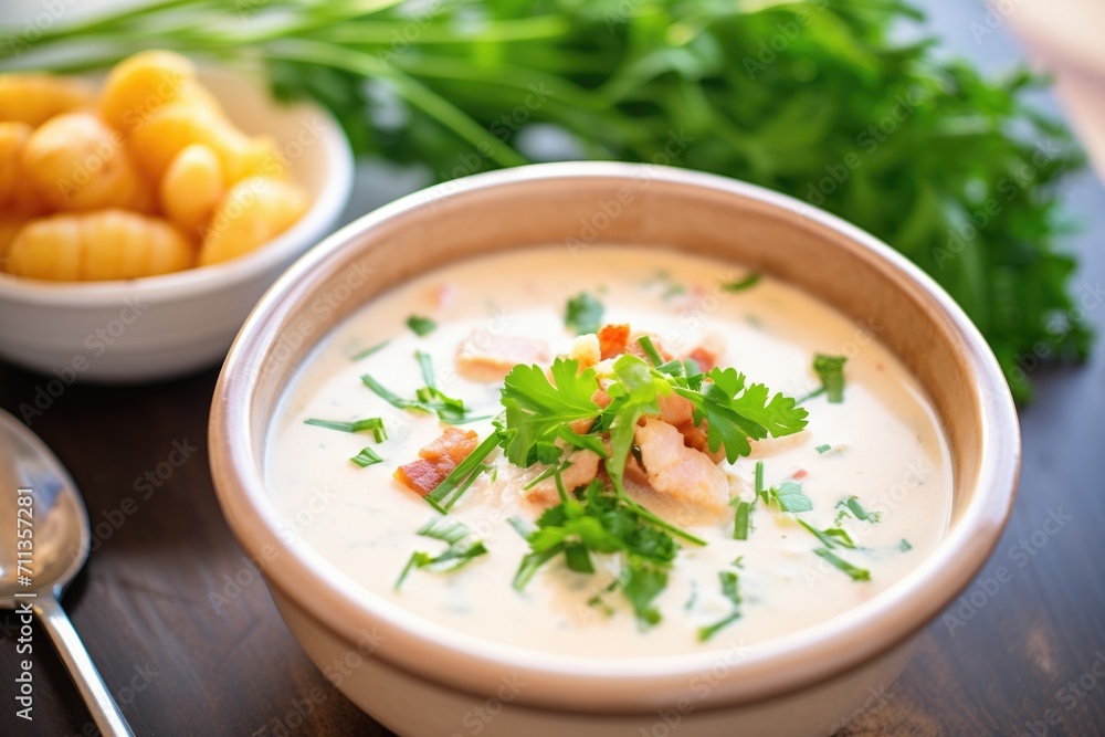 close-up of creamy chowder garnished with fresh parsley close-up of creamy chowder garnished with fresh parsley