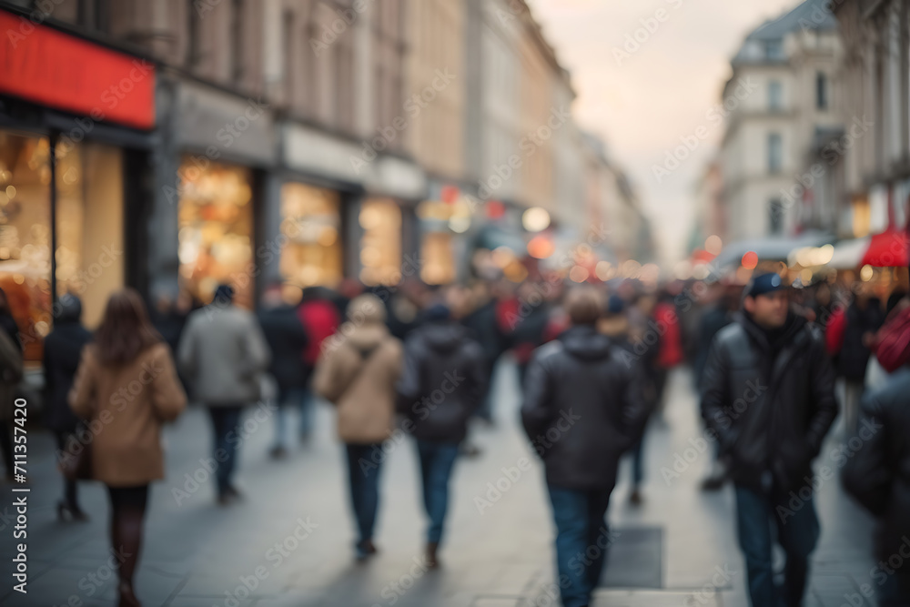 Blurry Photo of People Walking Down a Street. Generative AI.
