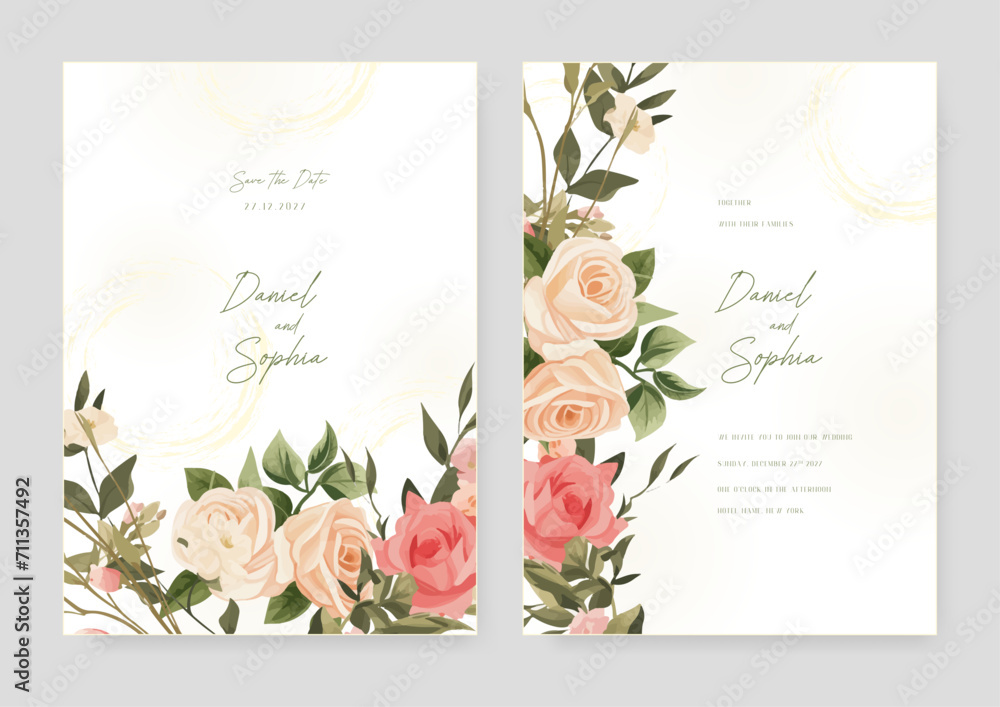 Beige and red rose elegant wedding invitation card template with watercolor floral and leaves