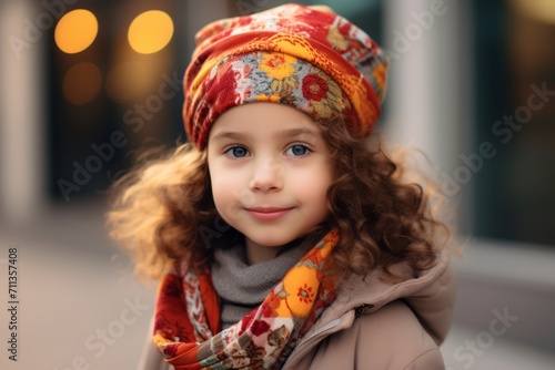 Portrait of a beautiful little girl in a warm hat and scarf.