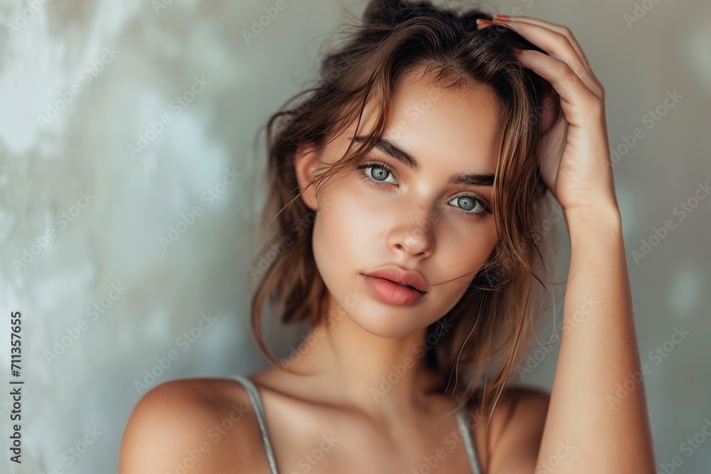 sensual model posing in front of the camera with her hand on her head sensual model posing in front of the camera with her hand on her head