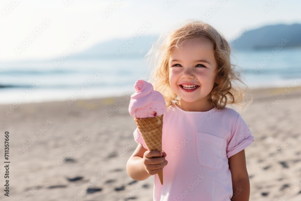 Child girl with ice cream beach vacation Child girl with ice cream beach vacation