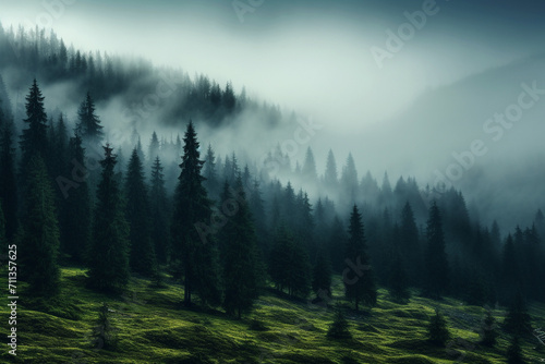 Mountain range with visible silhouettes through the morning colorful fog. Landscape scenic view. Generative AI © marcin jucha
