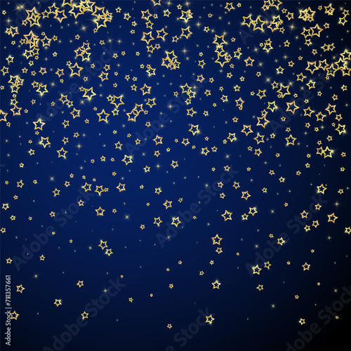 Gold sparkling star confetti. Chaotic dreamy childish overlay template. Festive stars vector illustration on dark blue background.