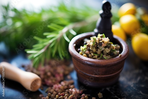 olive tapenade in a mortar and pestle with fresh herbs photo