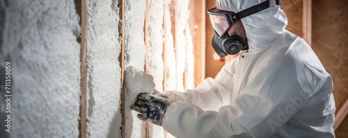 Man spaying foam insulating house walls Generative Ai