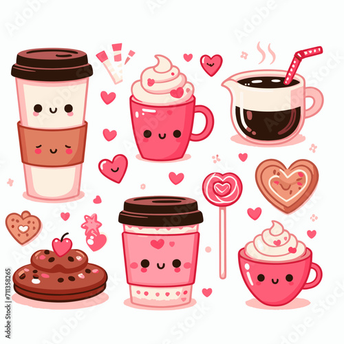 Hot drinks for Valentine's Day. Cozy red and pink cups with hearts. Hand drawn vector illustration