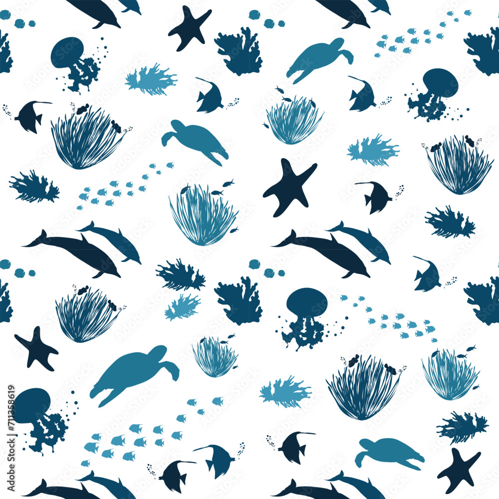 Vector illustration with silhouette of corals and marine life, seamless pattern with marine hand drawn, elements for topics of tropical sea life, design for kids, background, t-shirt, fabric, baby.