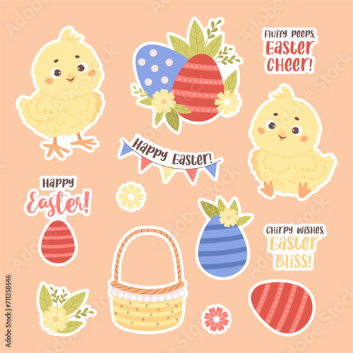 Easter stickers set. Little chickens, basket, paschal eggs, flowers, garland and congratulatory phrases. Isolated holiday symbols. Vector illustration. Kids collection.