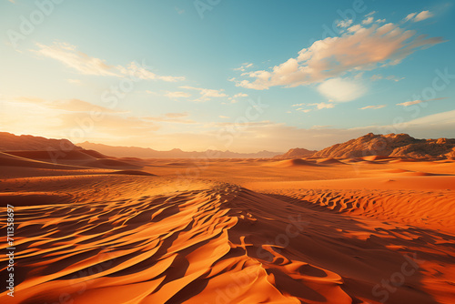 Sunset in the desert. Photo of a breathtaking desert sunset with majestic sand dunes. Sand dunes in the Desert
