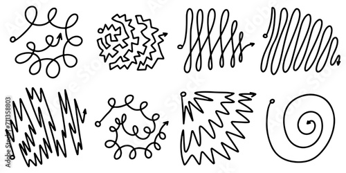 Sets of chaos scribble lines in tangle. Messy clew symbols lines with scribbled elements, concept of transition from complicated to simple. Vector illustration.