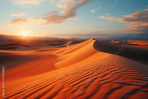 Photo of a breathtaking desert sunset with majestic sand dunes. Sand dunes in the Desert