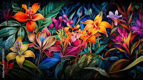 Colorful illustration of an abstract tropical jungle exotic flowers and plants