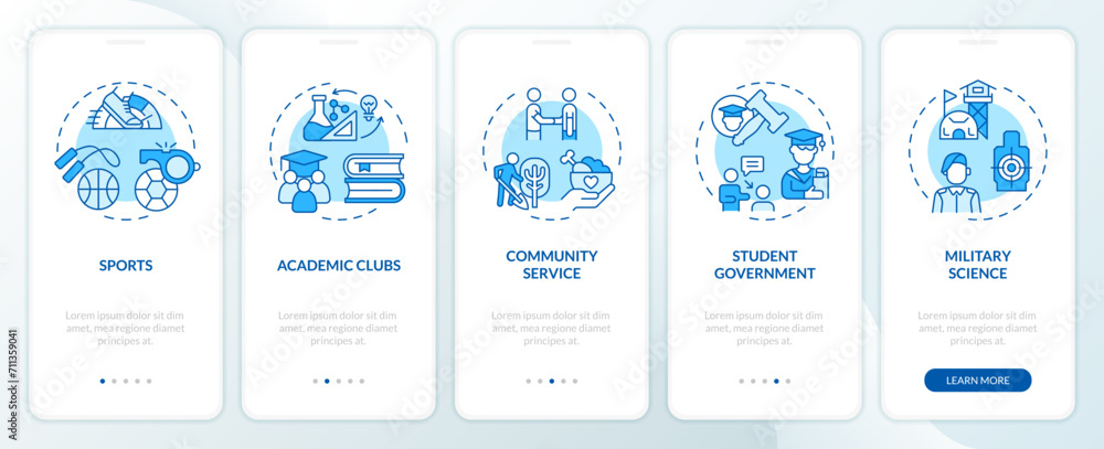 2D icons representing extracurricular activities concepts mobile app screen set. Walkthrough 5 steps blue graphic instructions with thin line icons concept, UI, UX, GUI template.