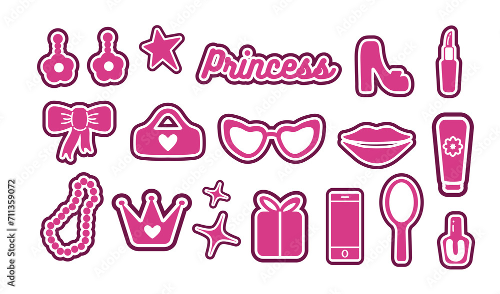 Glamorous fashionable sticker set. Cute stickers, objects isolated on white background. rainbow, dog, phone, star, glasses, lipstick, tree: collection in a minimalist style. for print, social network. Glamorous fashionable sticker set. Cute stickers, objects isolated on white background. rainbow, dog, phone, star, glasses, lipstick, tree: collection in a minimalist style. for print, social network.