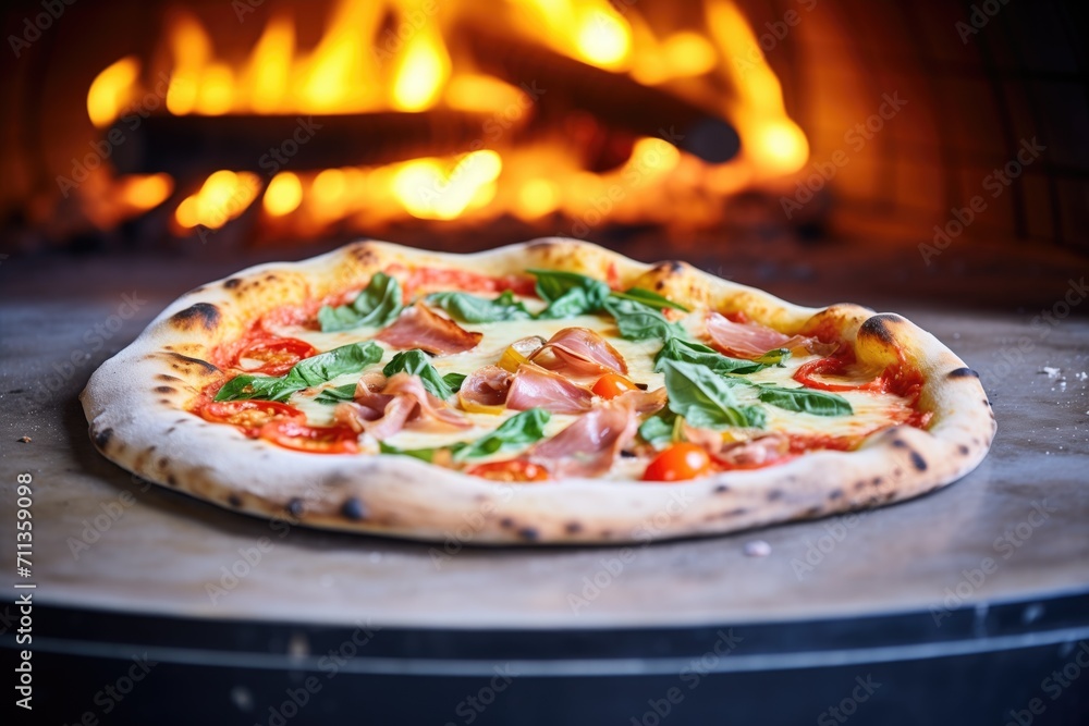 wood-fired pizza in a brick oven, flames visible